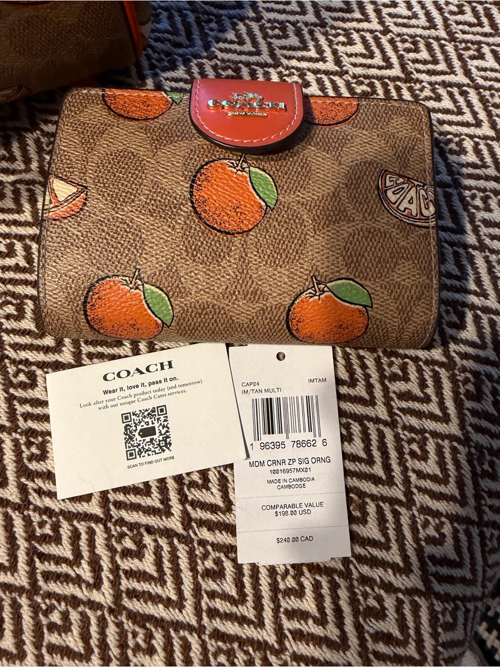 Coach Brown Signature Satchel with Orange Fruit Print and Orange Trim - Picture 2 of 5